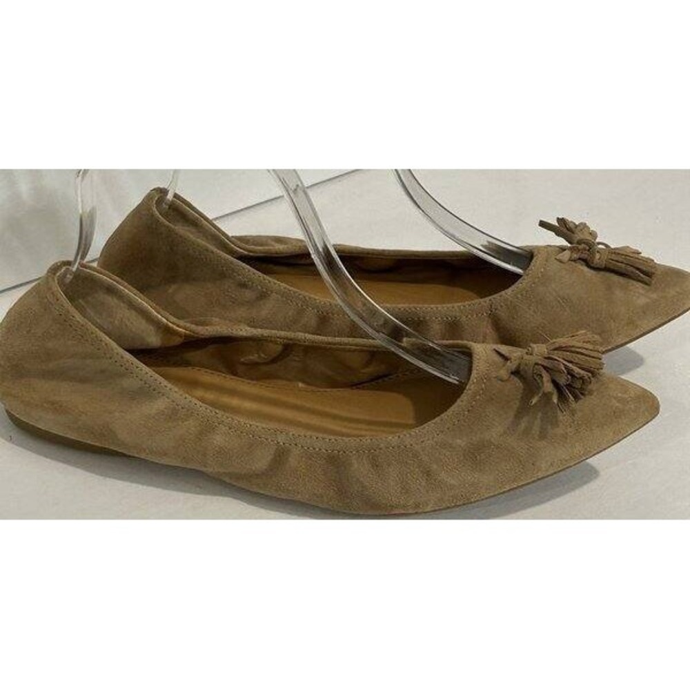 J Crew Tan Suede Leather Ballet Flats Pointed Toe Tassel Shoes Size 8.5